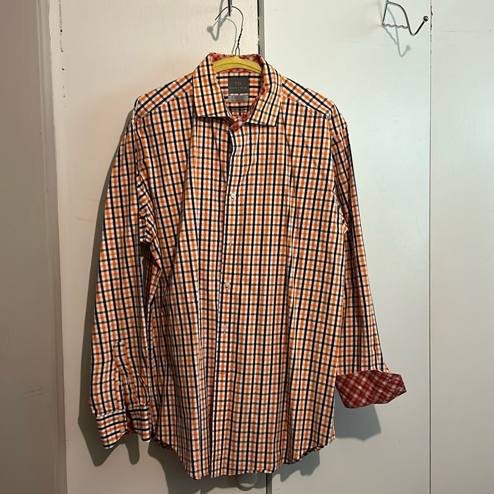 Business casual preppy timeless plaid orange blue cotton Thomas Dean sz XL